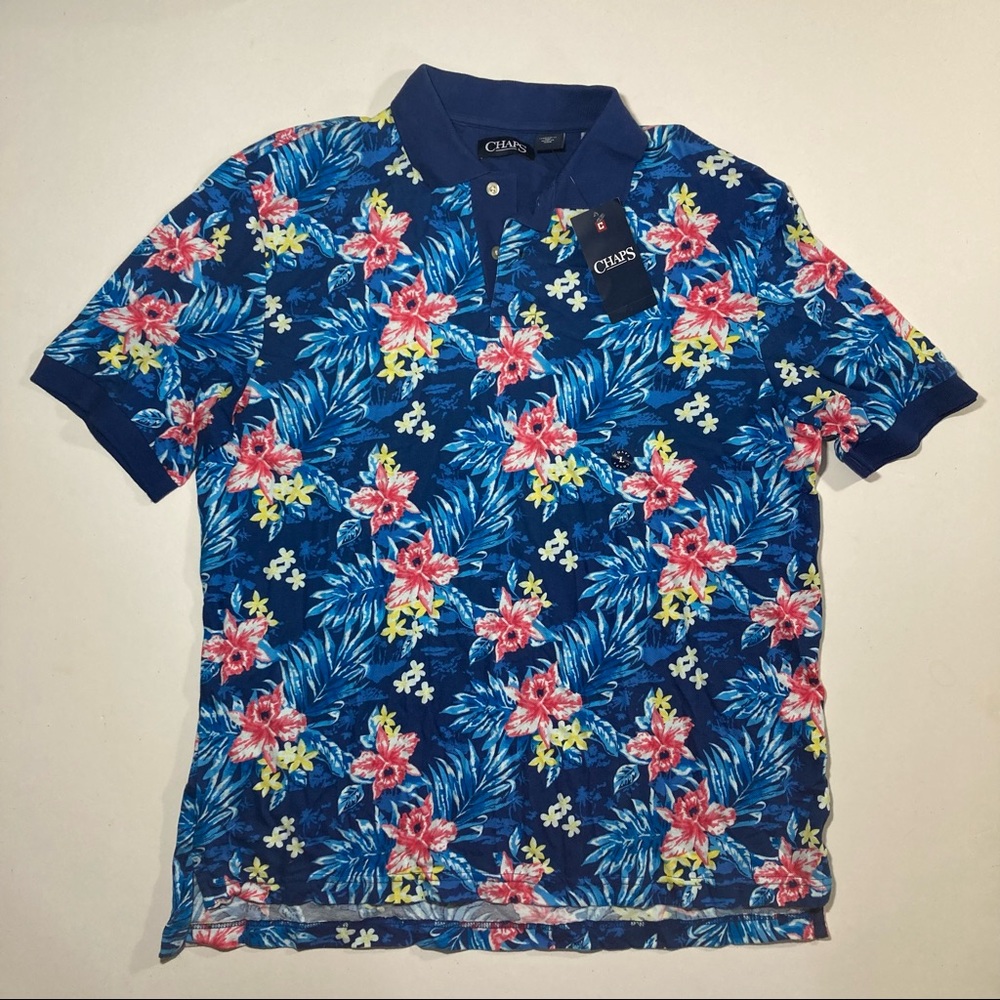 CHAPS by Ralph Lauren Mens Size XL Blue Floral Hawaiian Polo Shirt